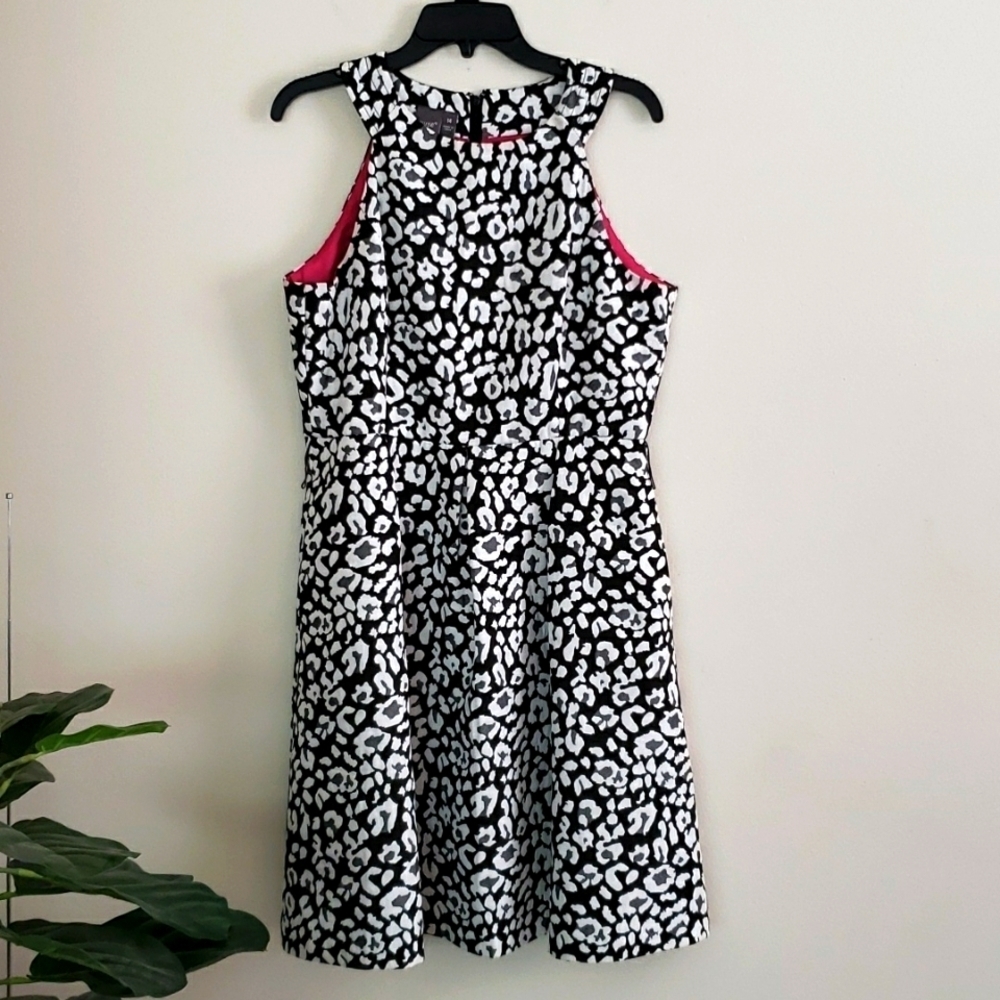 Muse knee length dress midi black white leopard print high neck, women's size 14